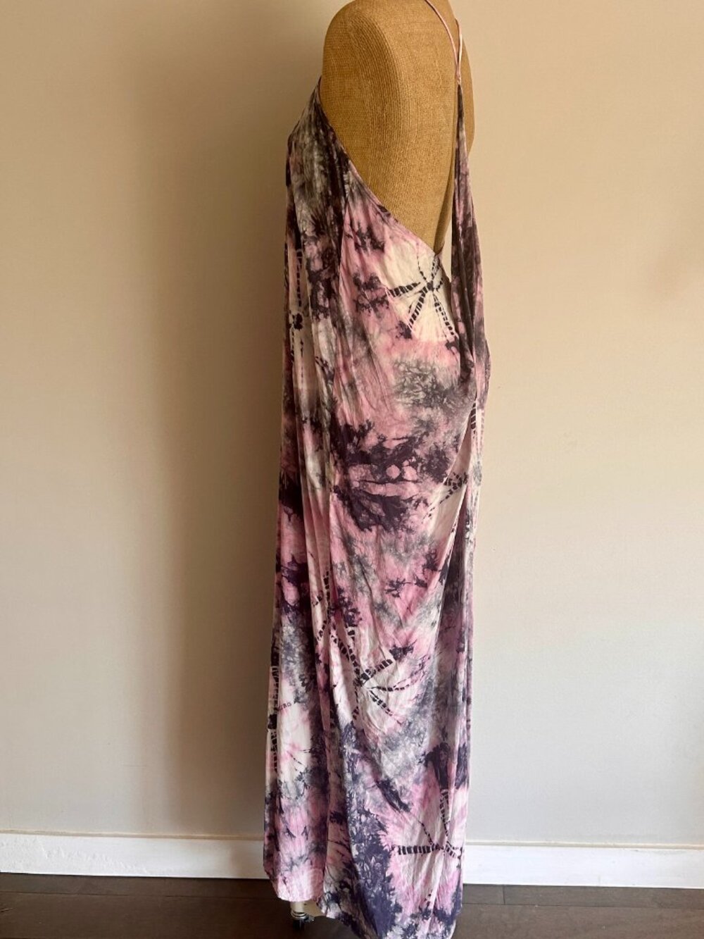 Love Stitch Tie Dye Maxi Dress Pink Black S/M Boho Open Back Rayon